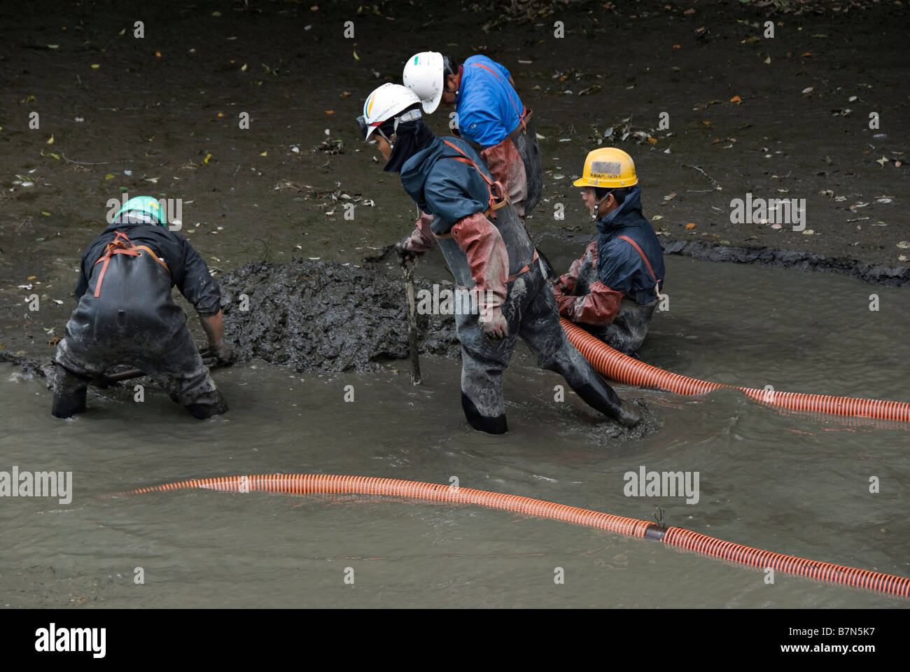 Okayama, Japan. Workers in the garden of Korakuen pumping out mud while cleaning a pond Stock