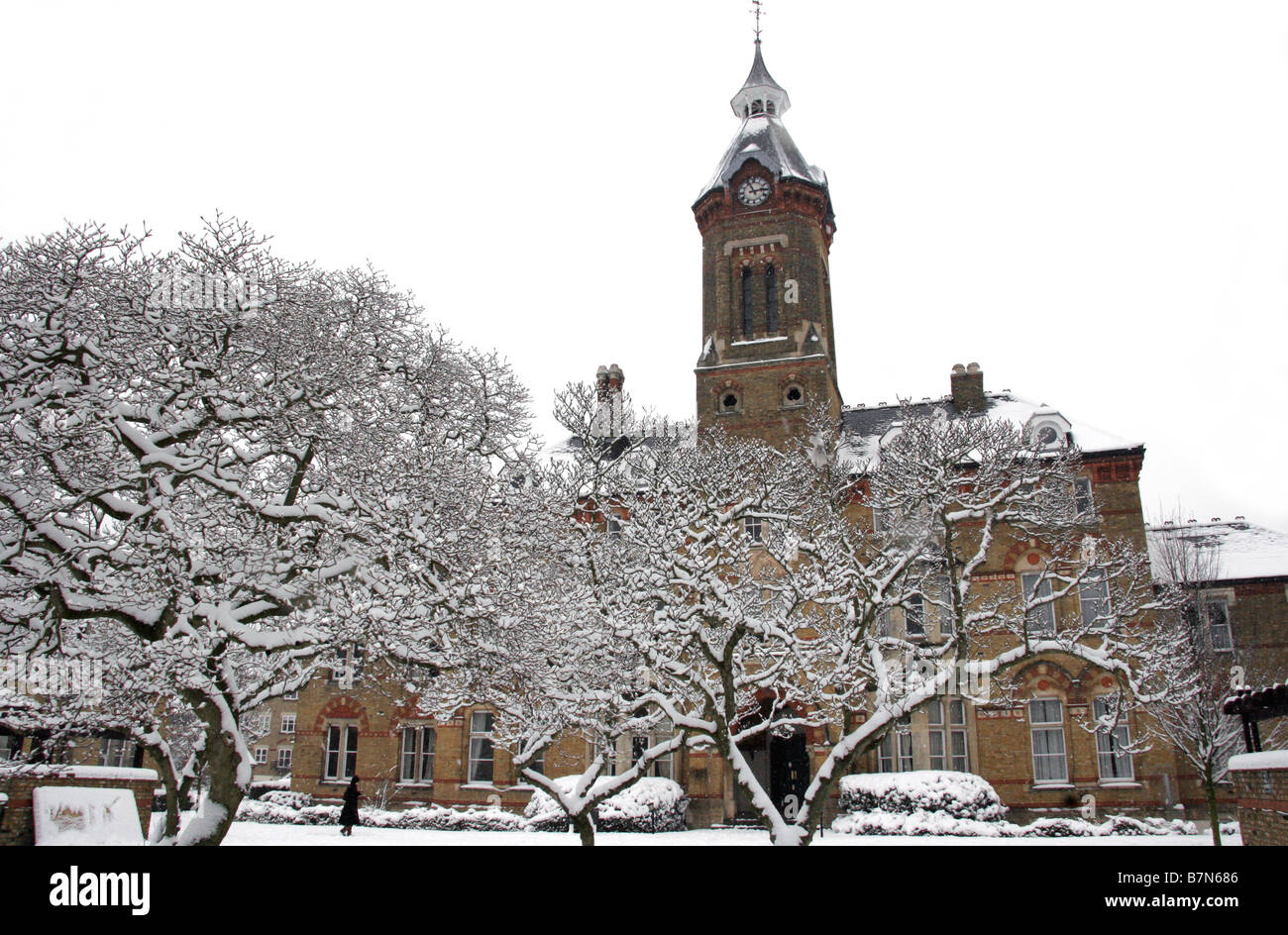 Old clock tower in the snow on the Reeds estates in Watford