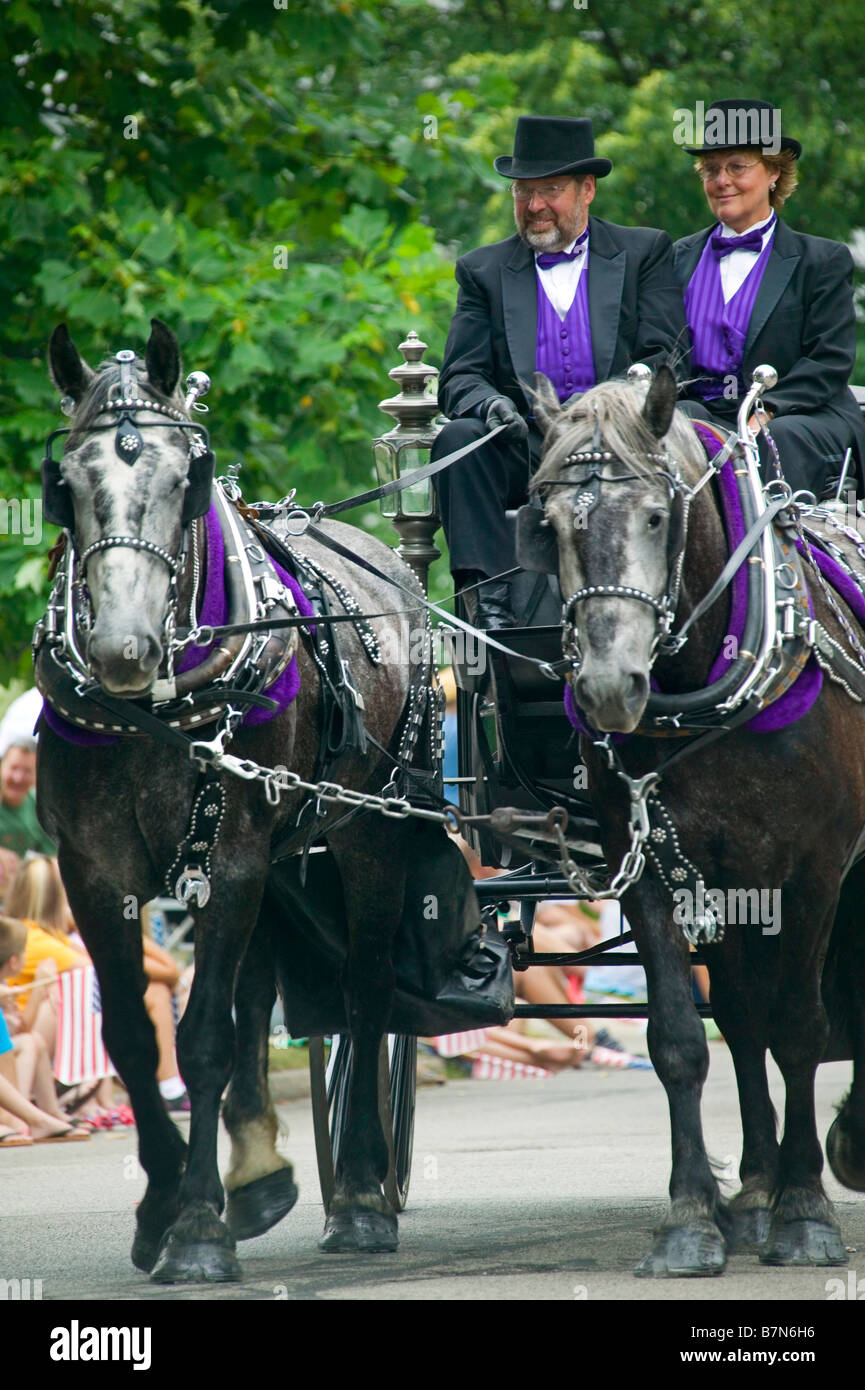 Draft horse in ornamental harness pull an antique wagon with two people