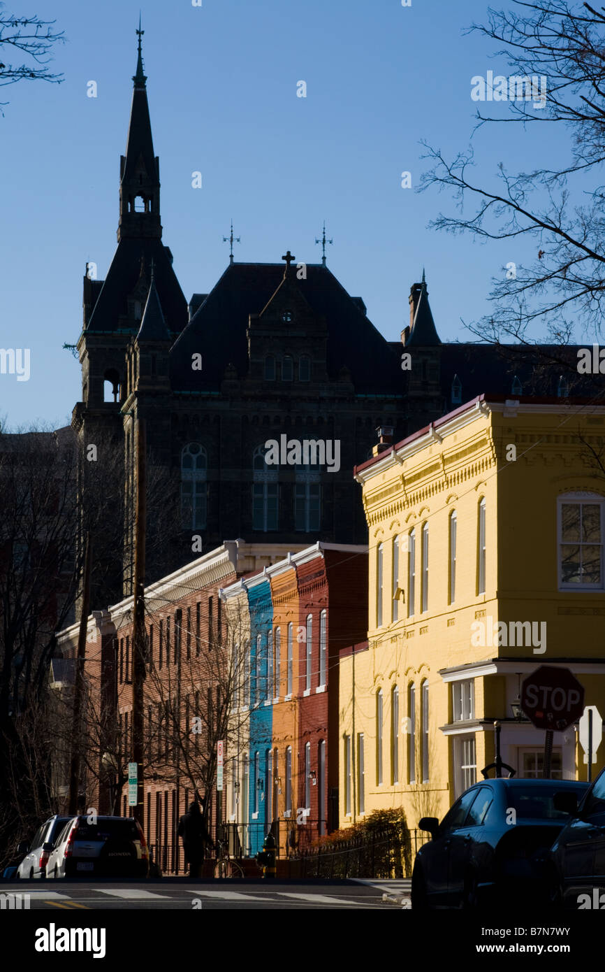 Colorful row houses flank University Washington D.C Stock