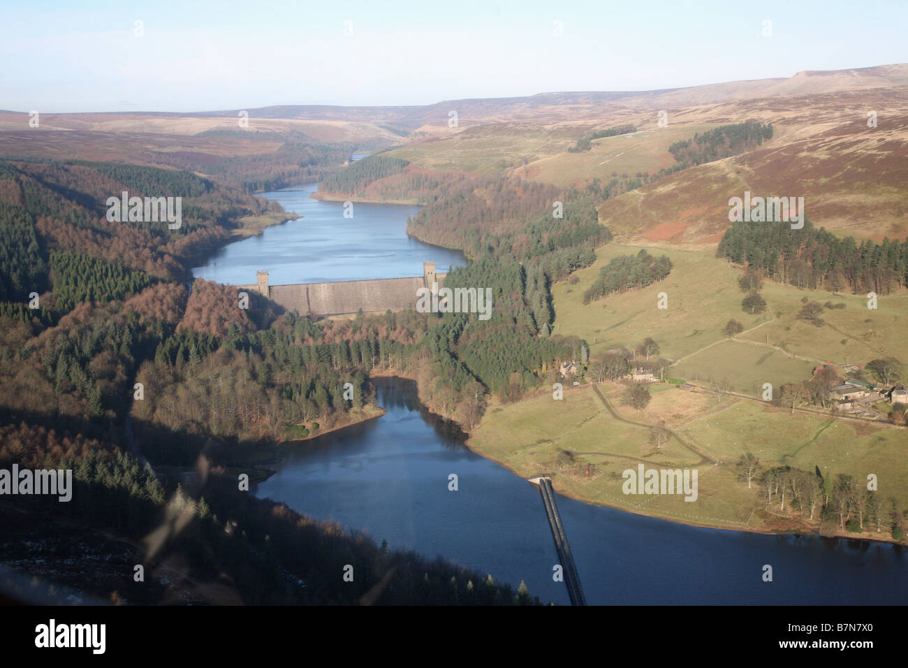 An aerial view of Derwent Dam showing the Ladybower Reservoir in the foreground and the Derwent Reservoir in the background Stock Photo