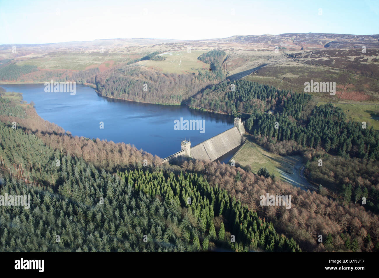 Oblique aerial view of Derwent Dam and Reservoir in the Derbyshire Peak District England Stock Photo