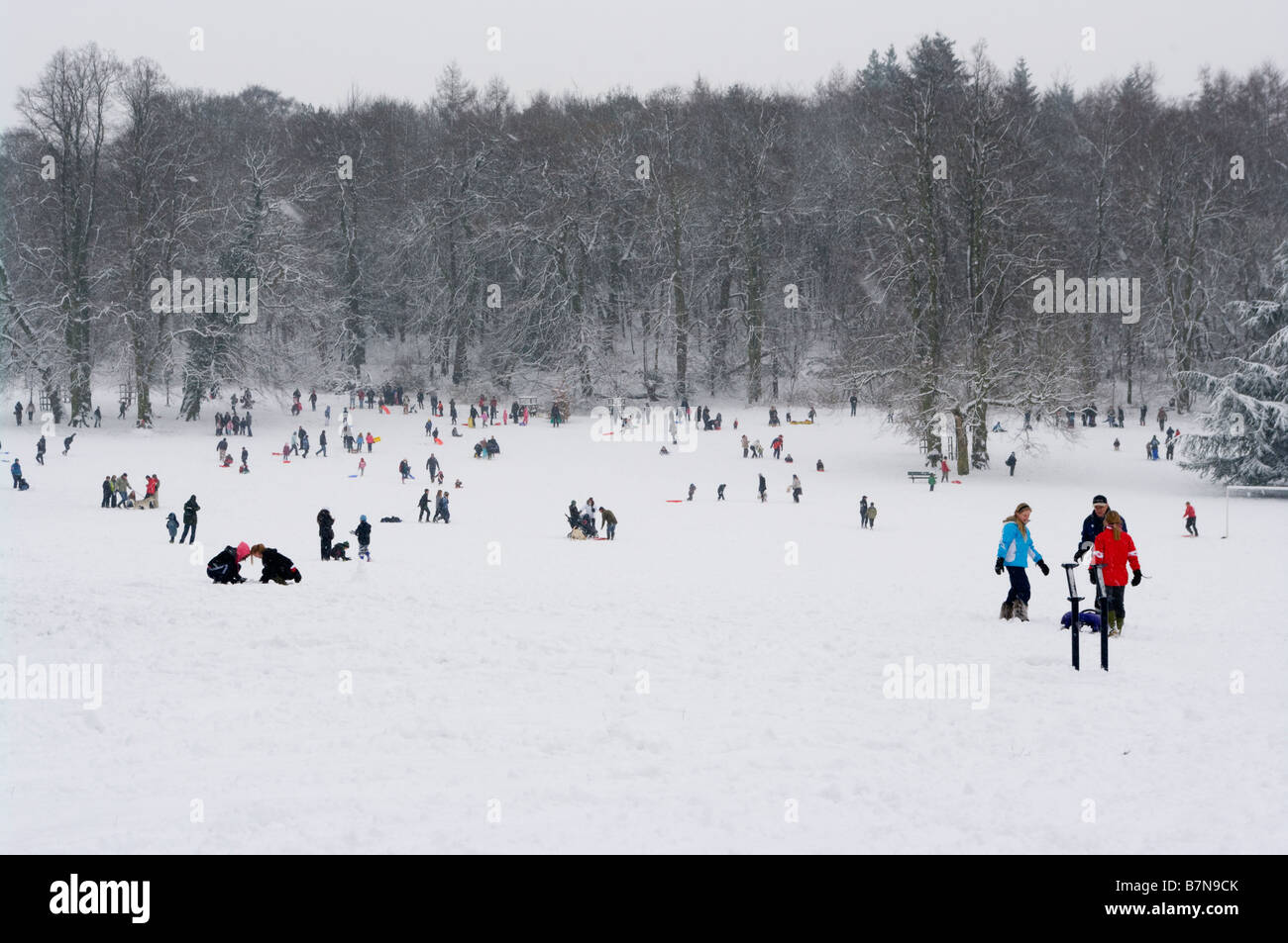 Crowds of People playing Having Fun In The Snow Priory Park Reigate Surrey Winter Stock Photo