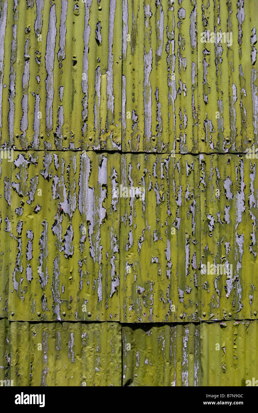 Corrugated iron shed with peeling paint, Little River, Banks Peninsula, Canterbury, New Zealand Stock Photo