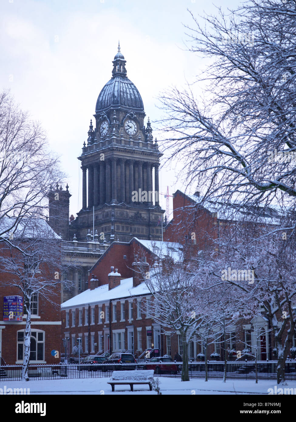 Snow covered Park Square and Leeds Town Hall Stock Photo