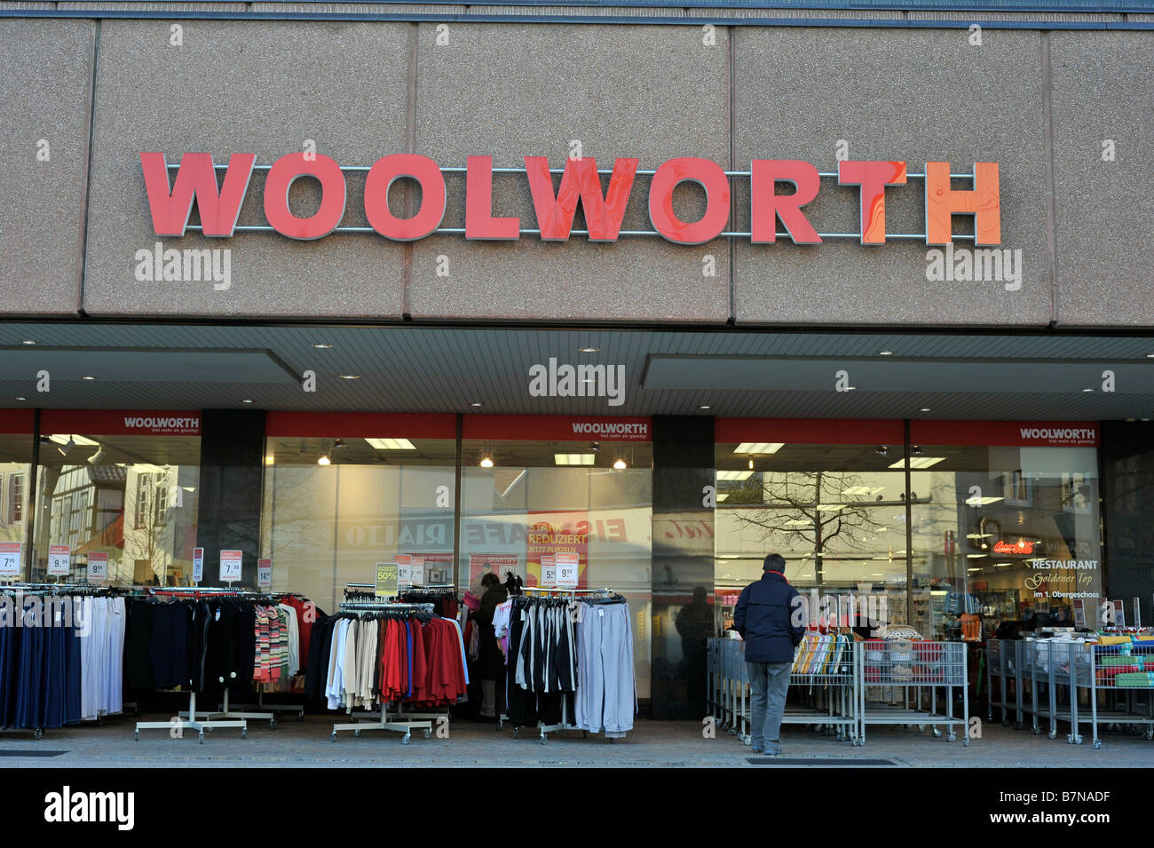 woolworth department store woolies sign red trading credit crunch consumerism shopping high street Stock Photo