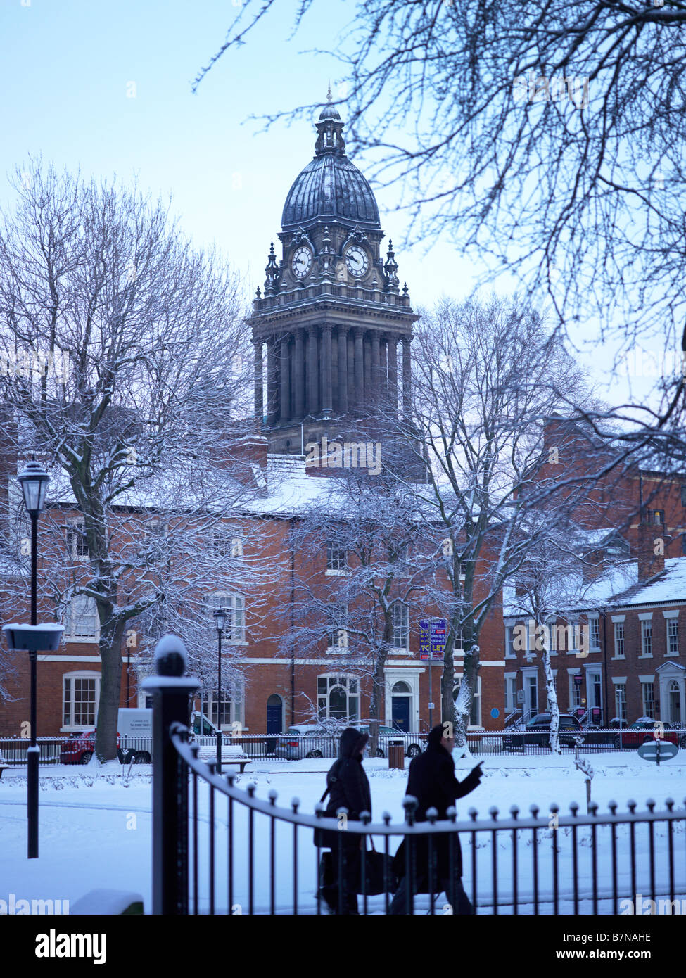 Snow covered Park Square and Leeds Town Hall Stock Photo