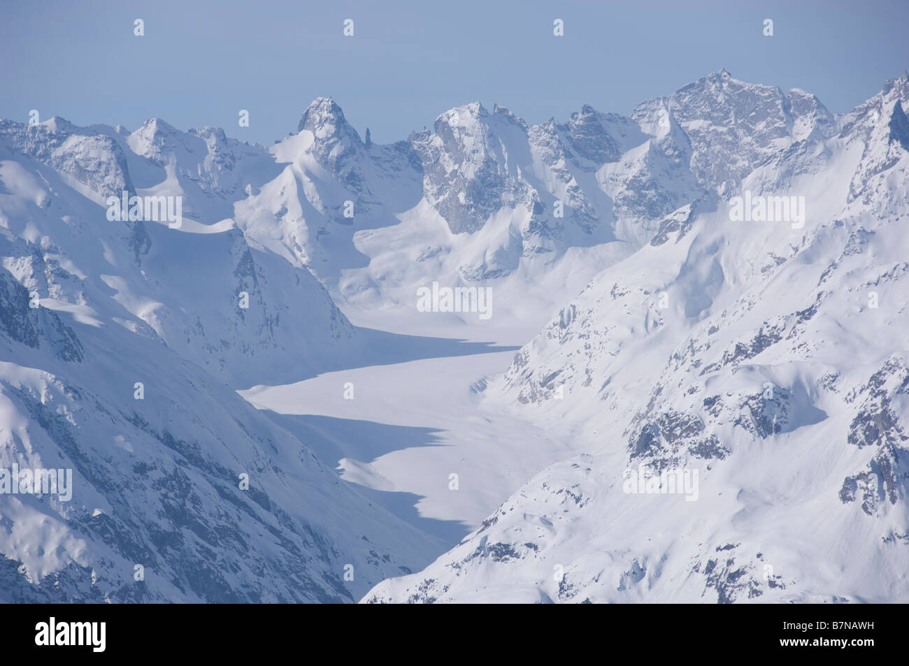 Tele photo of Forno glacier ( Vadrec del Forno, Fornogletscher) seen from north to south. Graubunden, Switzerland. Stock Photo