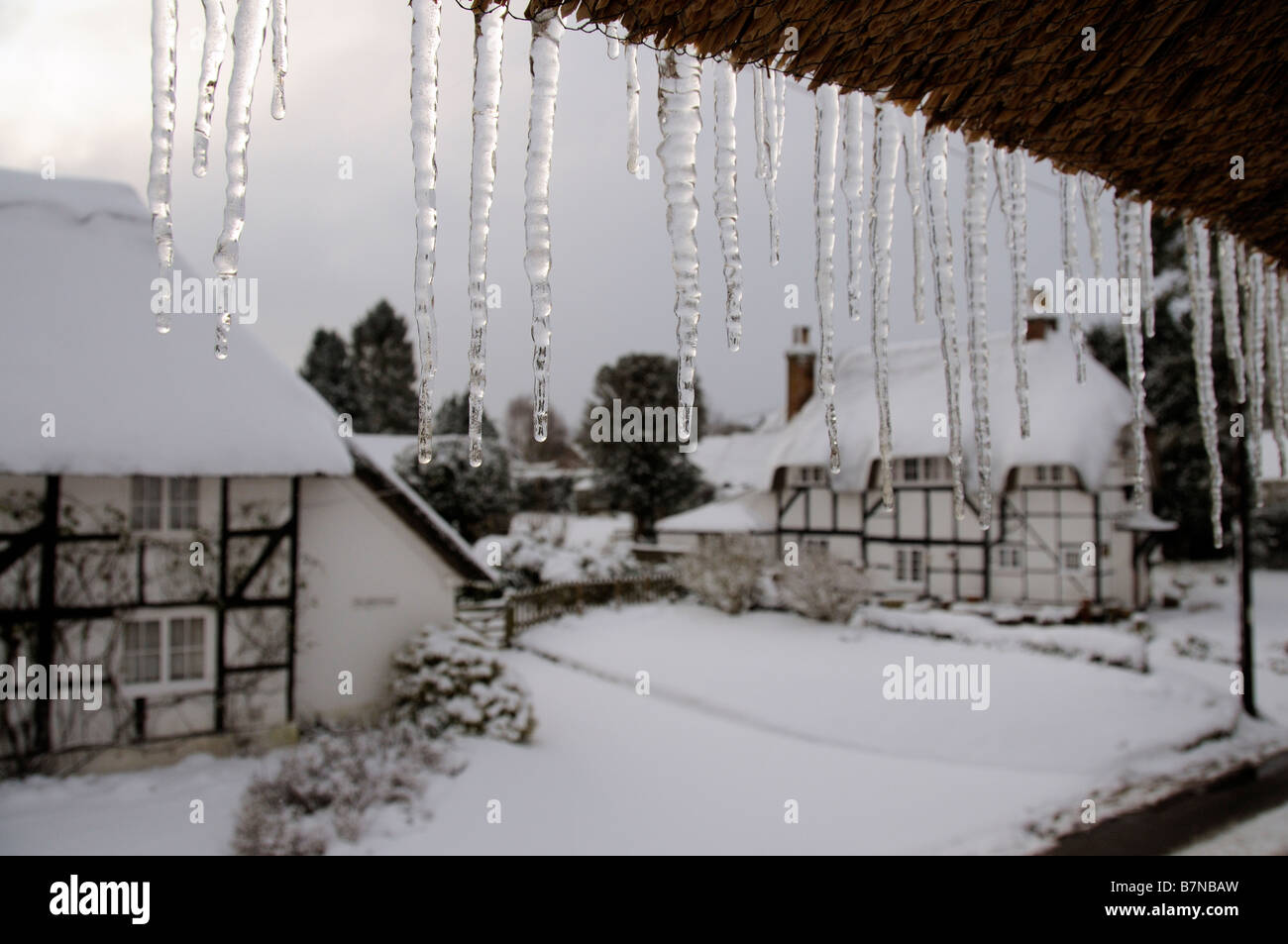Icicles hang from a thatched roof in the snow covered village of Micheldever Hampshire southern England UK Stock Photo