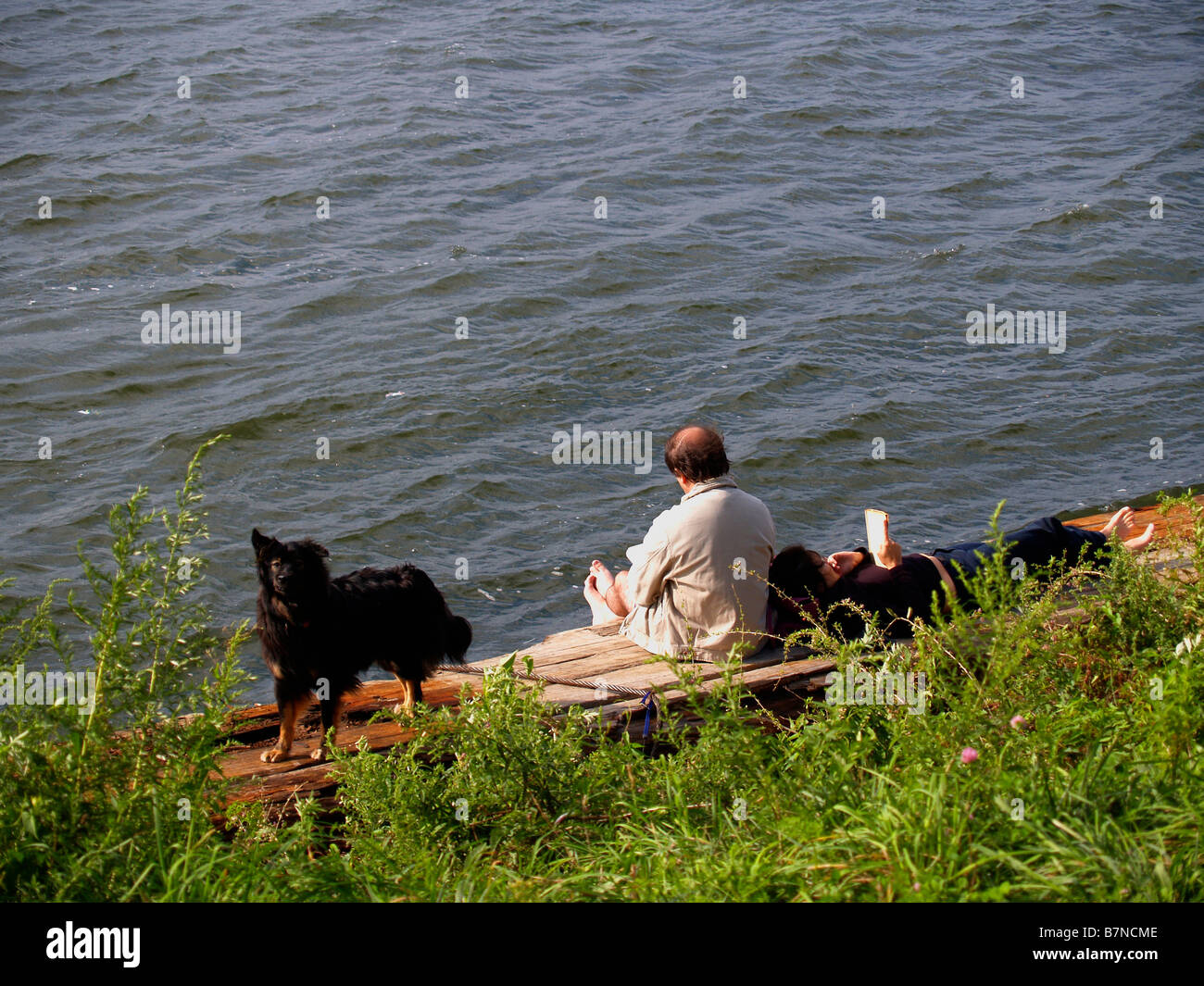 Man and dog on the banks of the Hudson River in Riverside Park, New York City. Stock Photo