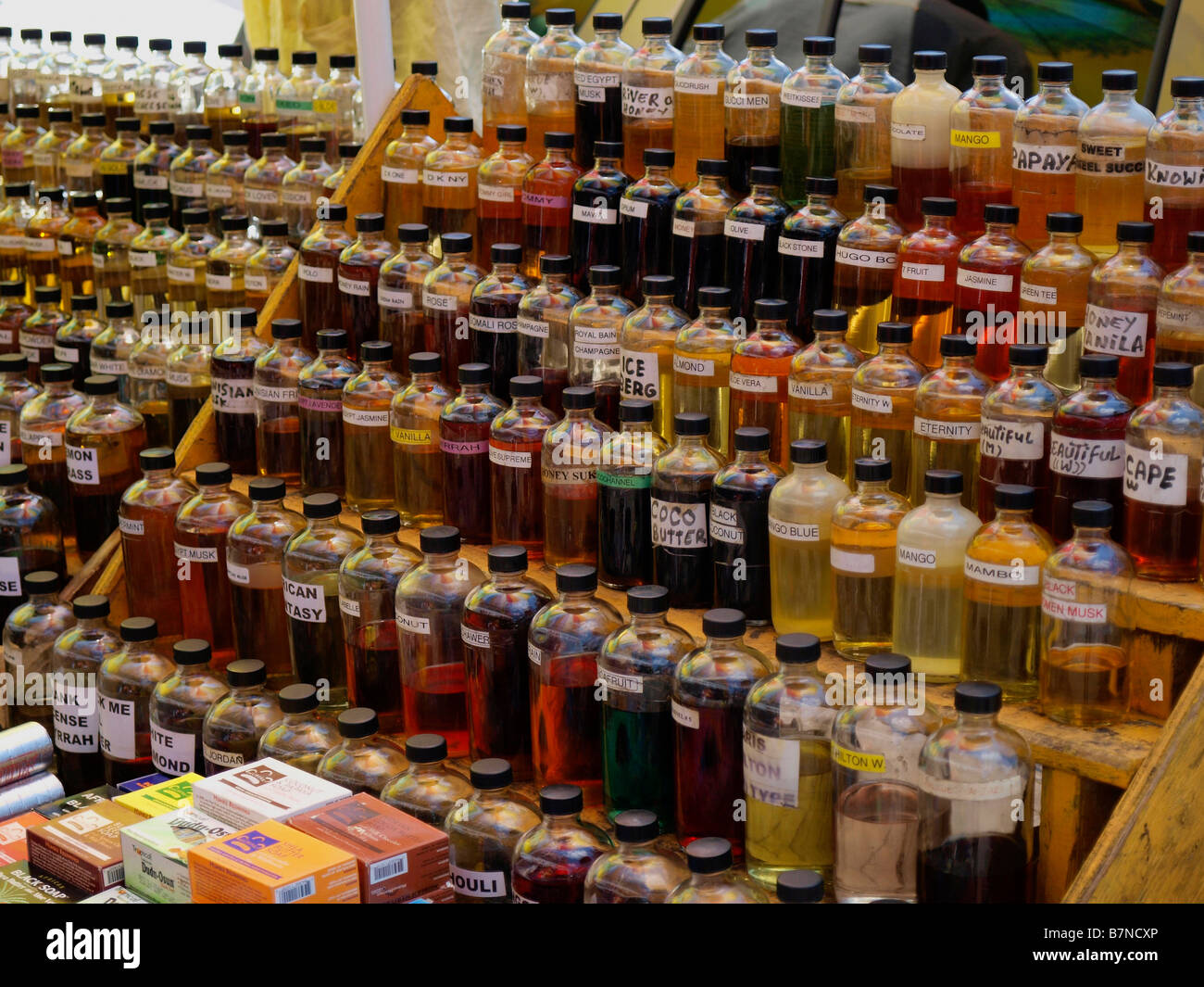 Essential oils and scents offered by a New York City street vendor in