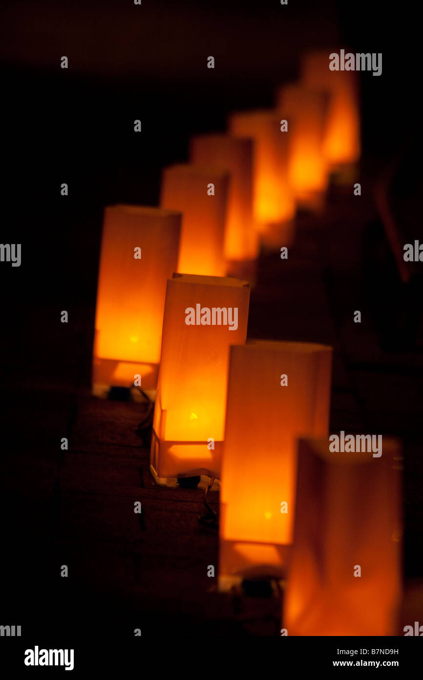 Close-up of the Christmas lanterns (farolitos) in Santa Fe Stock Photo