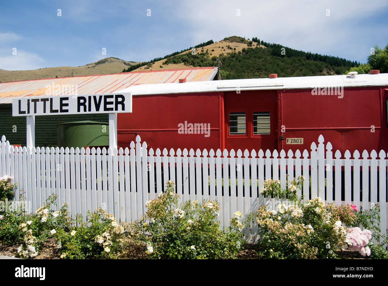 Restored railway carriage at former Railway Station, Little River, Banks Peninsula, Canterbury Region, South Island, New Zealand Stock Photo