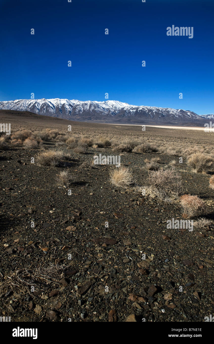 Black rocks cover the ground in the Black Rock Desert near Gerlach Nevada Stock Photo