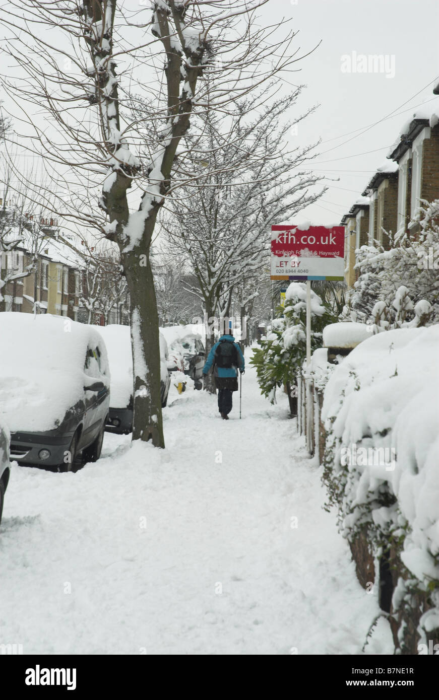 Snowy street in  Wimbledon, London Stock Photo