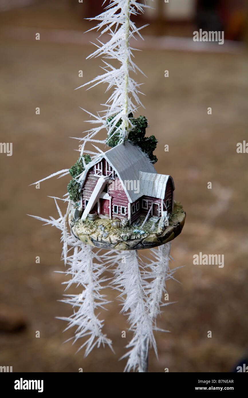 Ice crystals form on a windchime during a January ice storm in the high desert of central Oregon Stock Photo