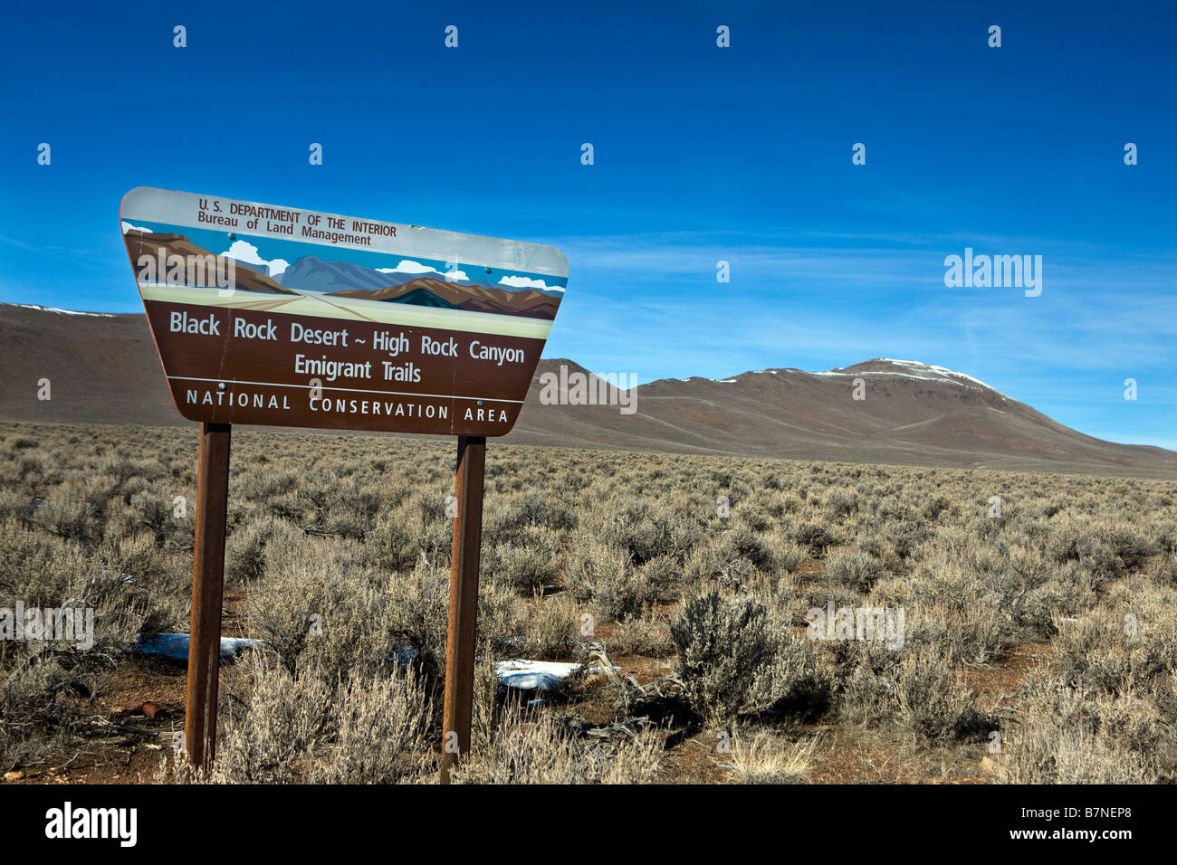 Bureau of Land Management boundary sign for the Black Rock Desert High Rock Canyon Emigrant Trails National Conservation Area Stock Photo