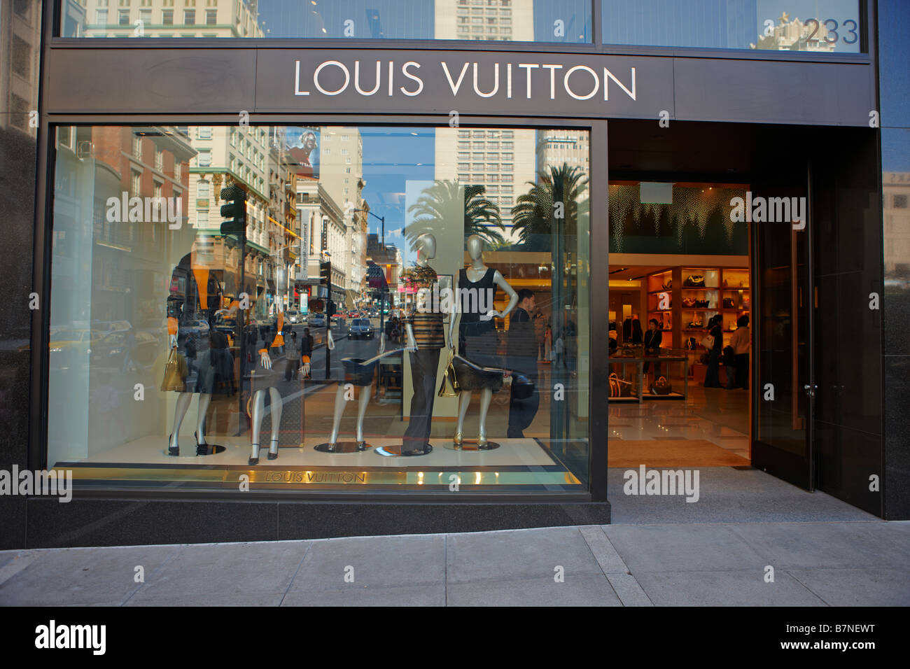 Window and opened front door of Louis Vuitton Union Square store