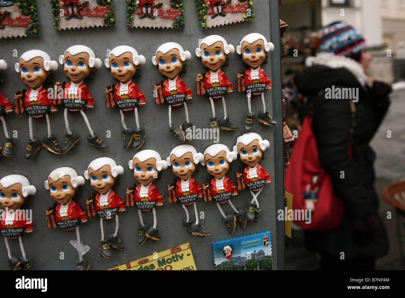 Mozart fridge magnet souvenirs in a souvenir shop in the historic centre of Salzburg, Austria. Stock Photo