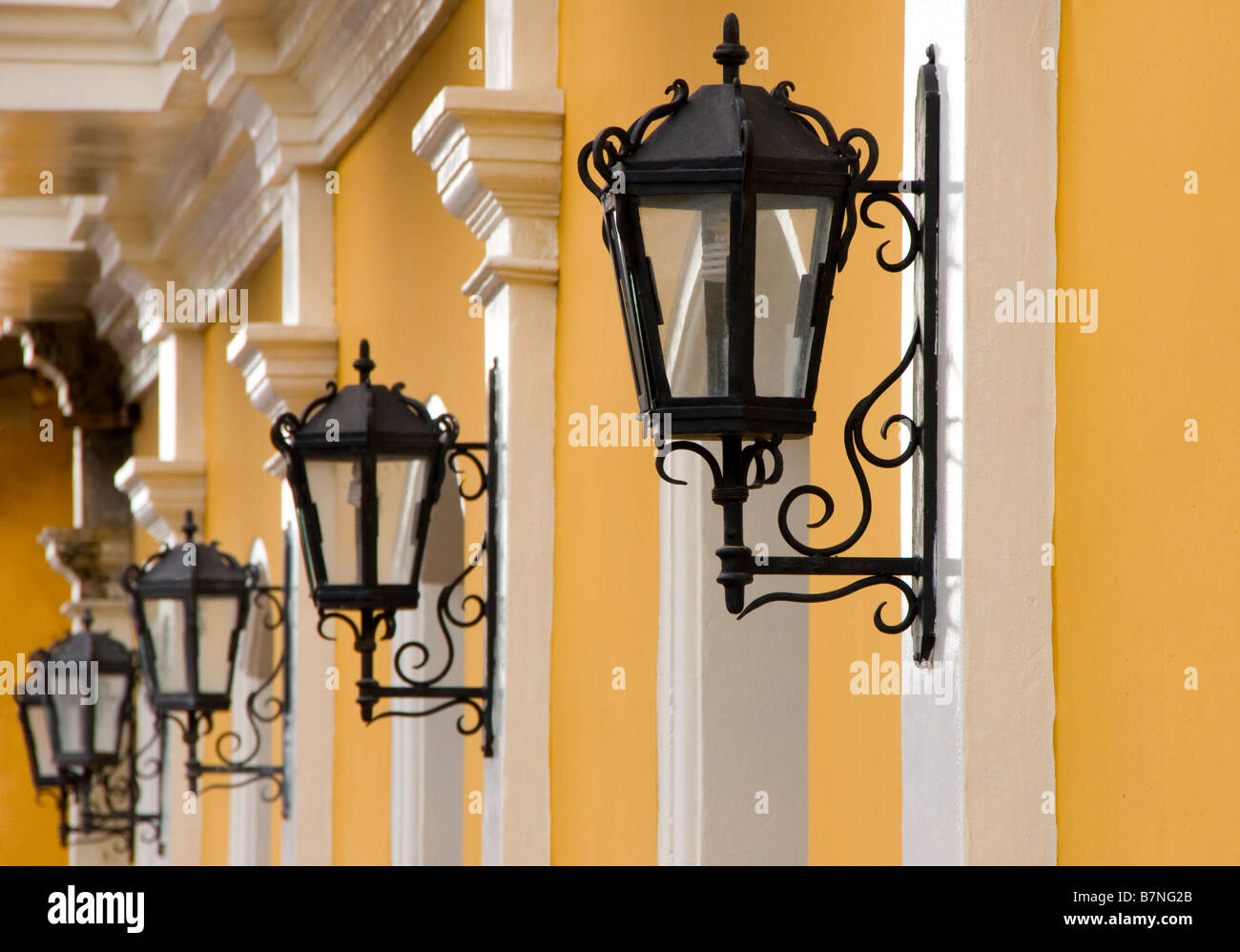 Colonial Granada architecture, Hotel La Gran Francia wrougtht iron lamps Stock Photo