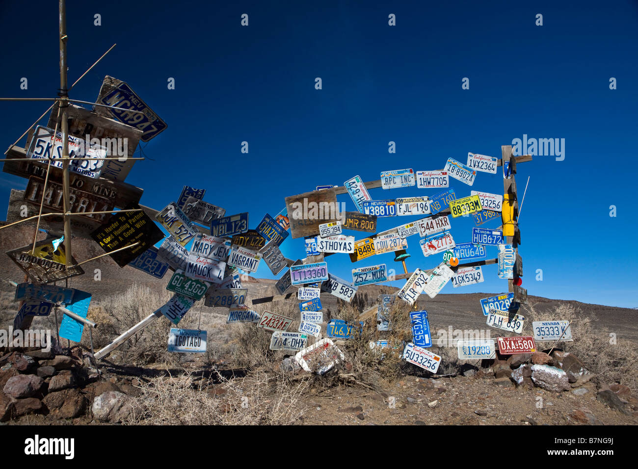 Collection of license plates and other items placed in the middle of the Black Rock Desert Gerlach Nevada Stock Photo
