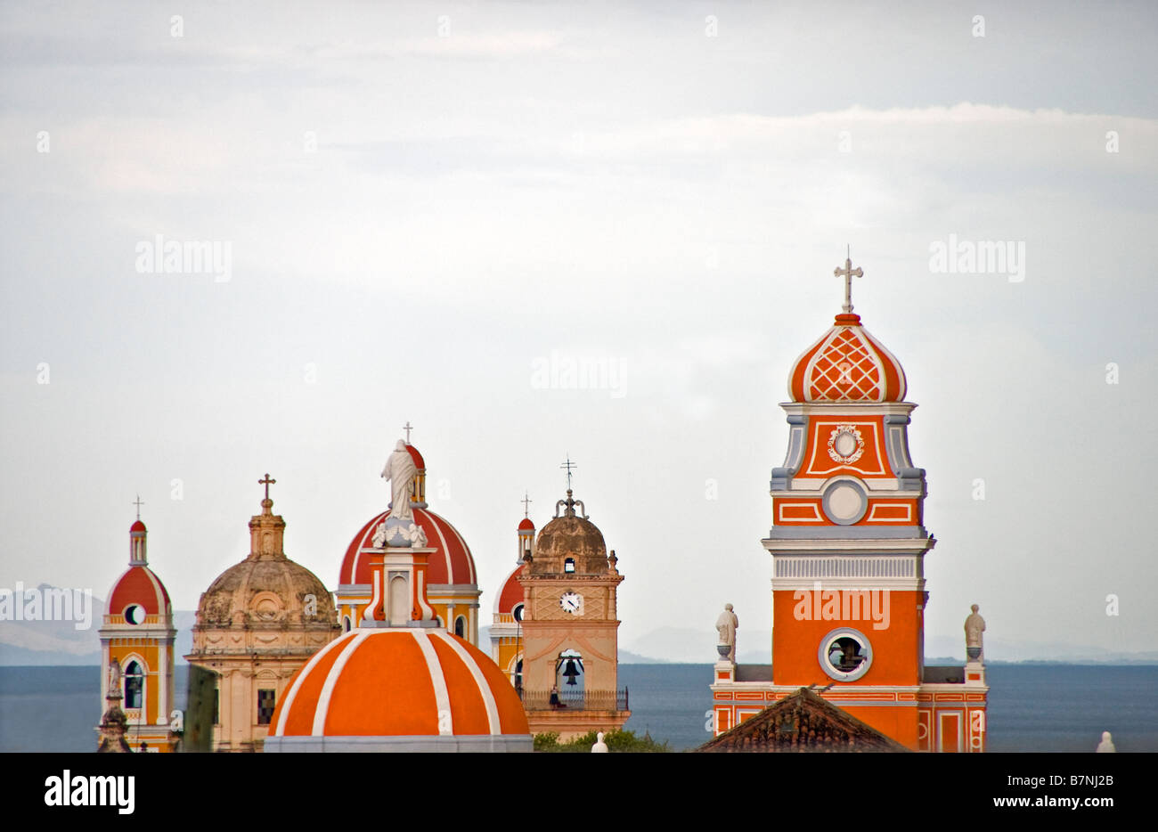 Colonial Granada architecture, Cathedral and churches bell towers, overlooking Lake Nicaragua Stock Photo