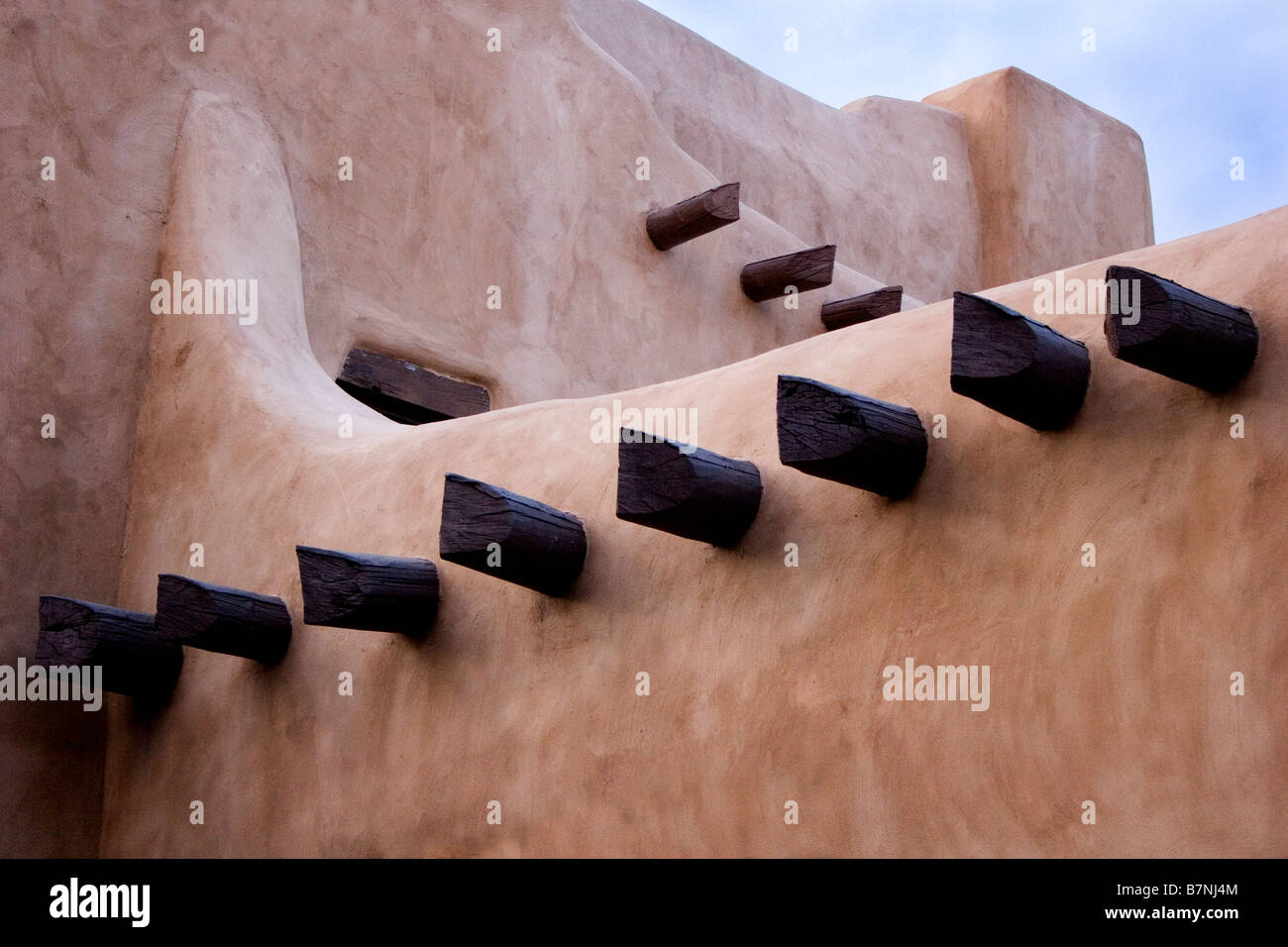 Adobe walls and vigas in Santa Fe New Mexico Stock Photo
