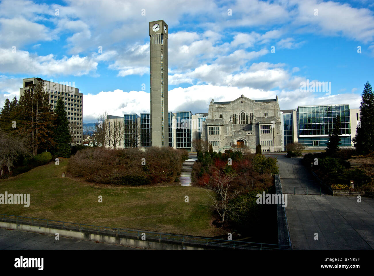 Ladner clock tower in front of main library building on UBC Campus Stock Photo