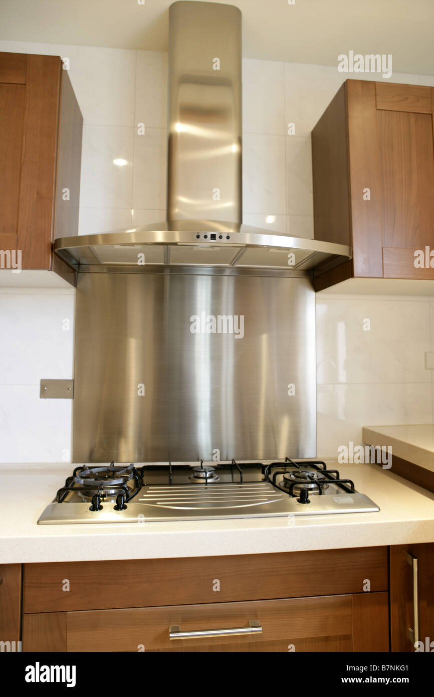 Stainless steel stove and hood Stock Photo