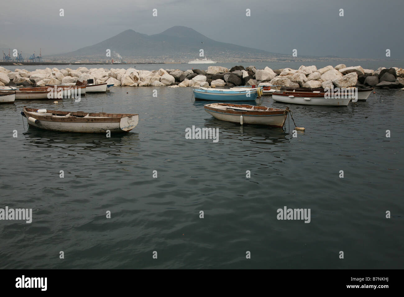 Mount Vesuvius and the bay of Naples with fisherman boats in Naples, Italy. Stock Photo