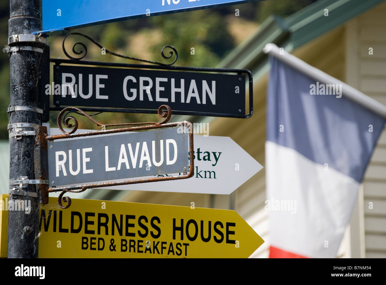 French street signs, Rue Lavard, Akaroa, Banks Peninsula, Canterbury, New Zealand Stock Photo