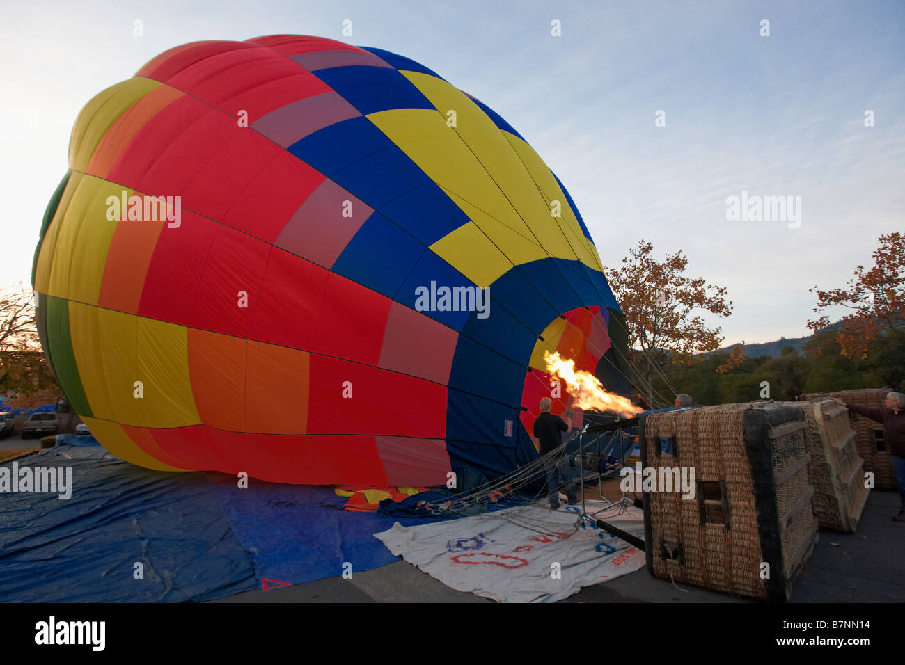 Hot air balloon being inflated for a flight Napa Valley. California, USA. Stock Photo