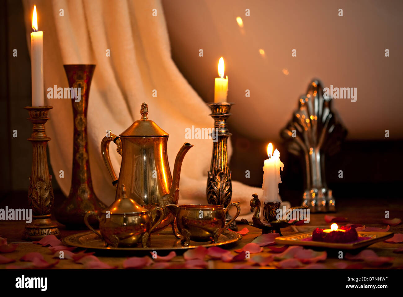 Still life with candles in the retro bathroom Stock Photo