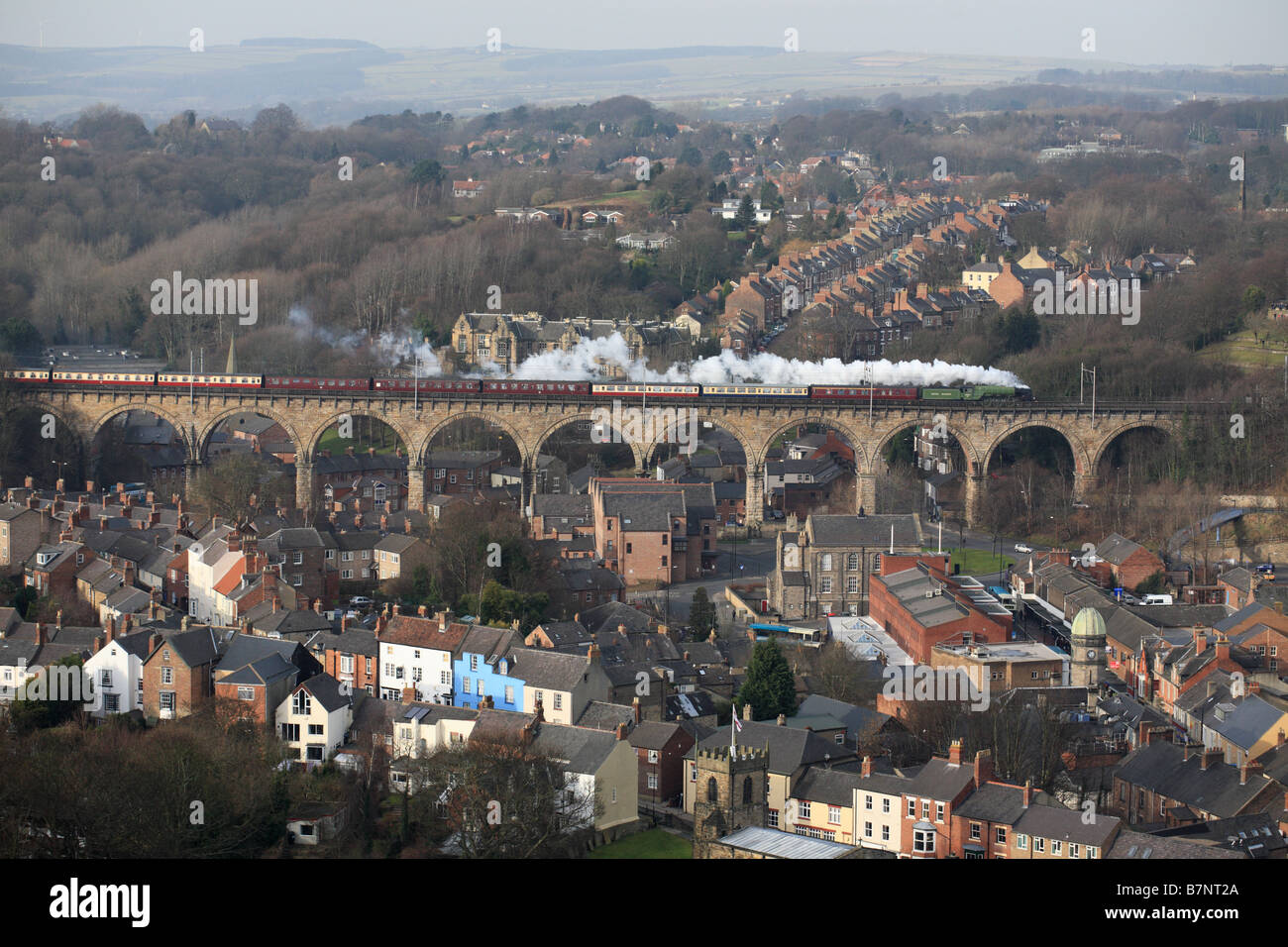 Steam loco 60163 Tornado crossing Durham Viaduct, England, UK Stock Photo