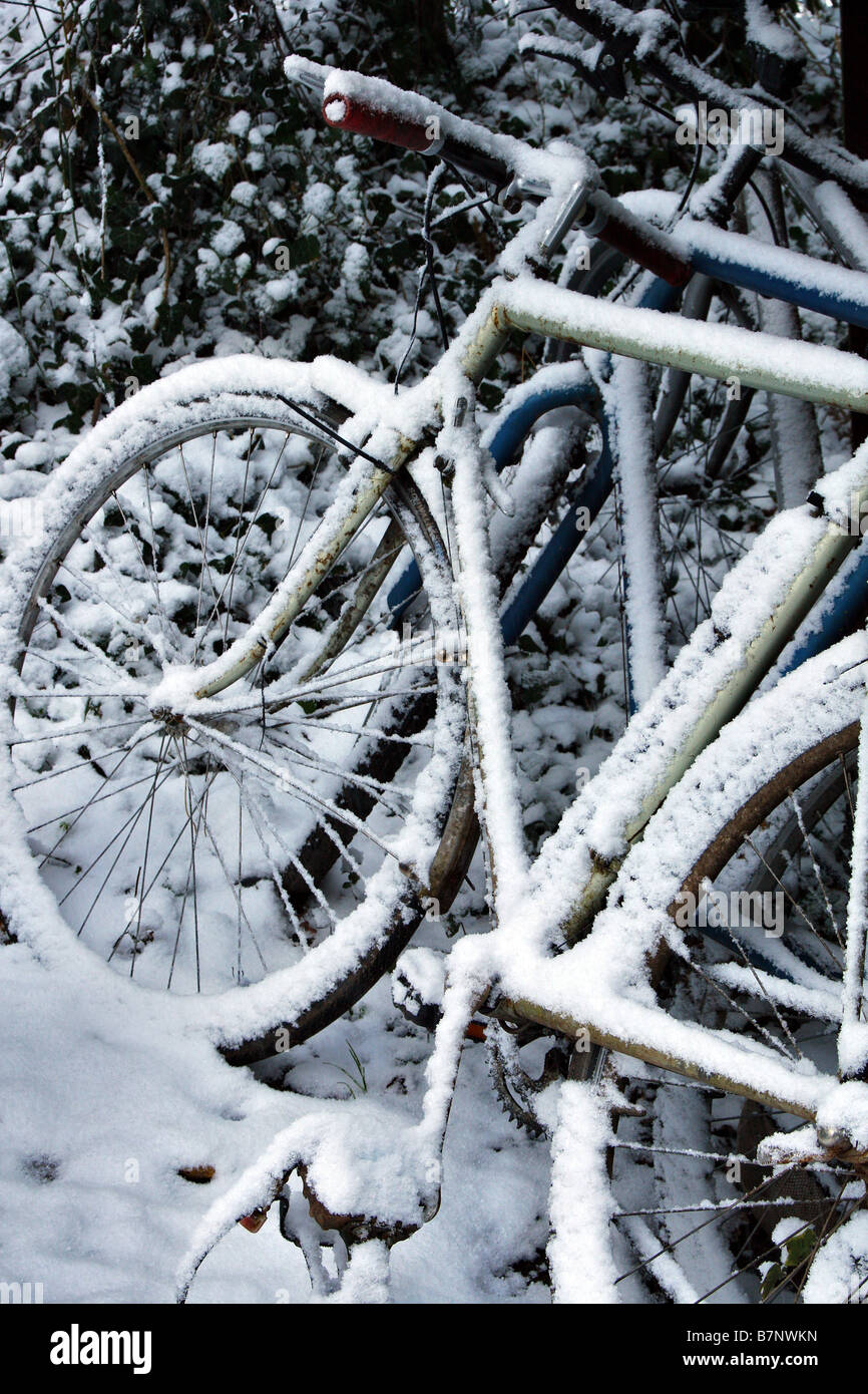 BICYCLES IN SNOW Stock Photo