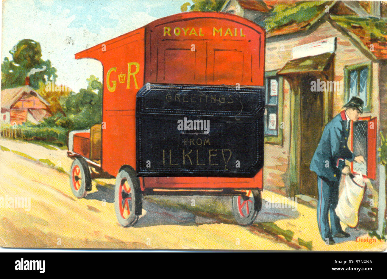 Novelty picture postcard showing painting of a post van with fold out section enclosing photographs of Ilkley, Yorkshire Stock Photo
