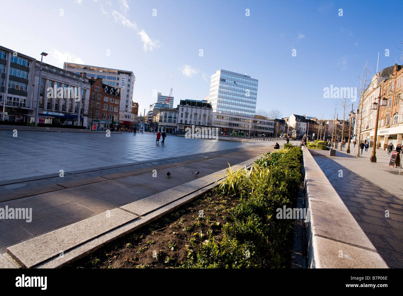 The redeveloped Old Market Square in Nottingham, England. The floral display in the centre is an ancient border which once divided Nottingham. Stock Photo