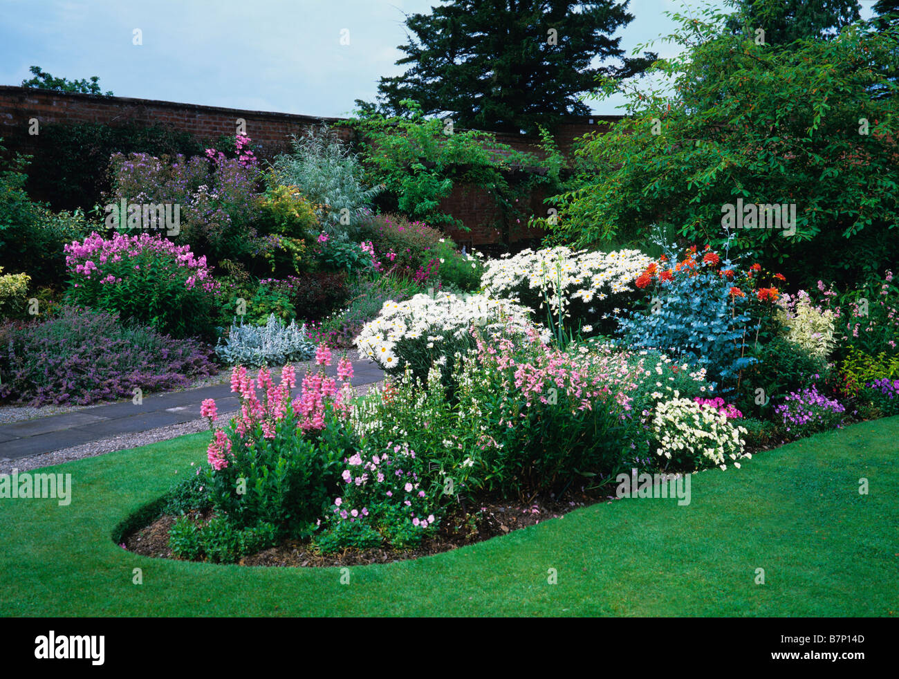 Pink and white flowering summer border at Holehird Gardens Stock Photo