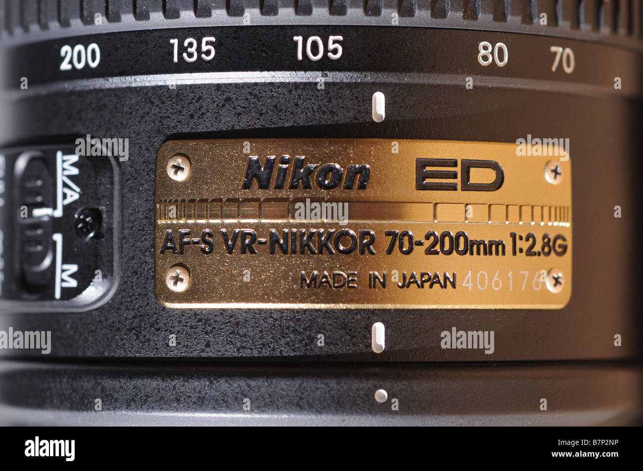 A close-up, macro of the mid section of a Nikon 70 200 2.8 VR Vibration Reduction professional zoon lens for digital SLR. Stock Photo