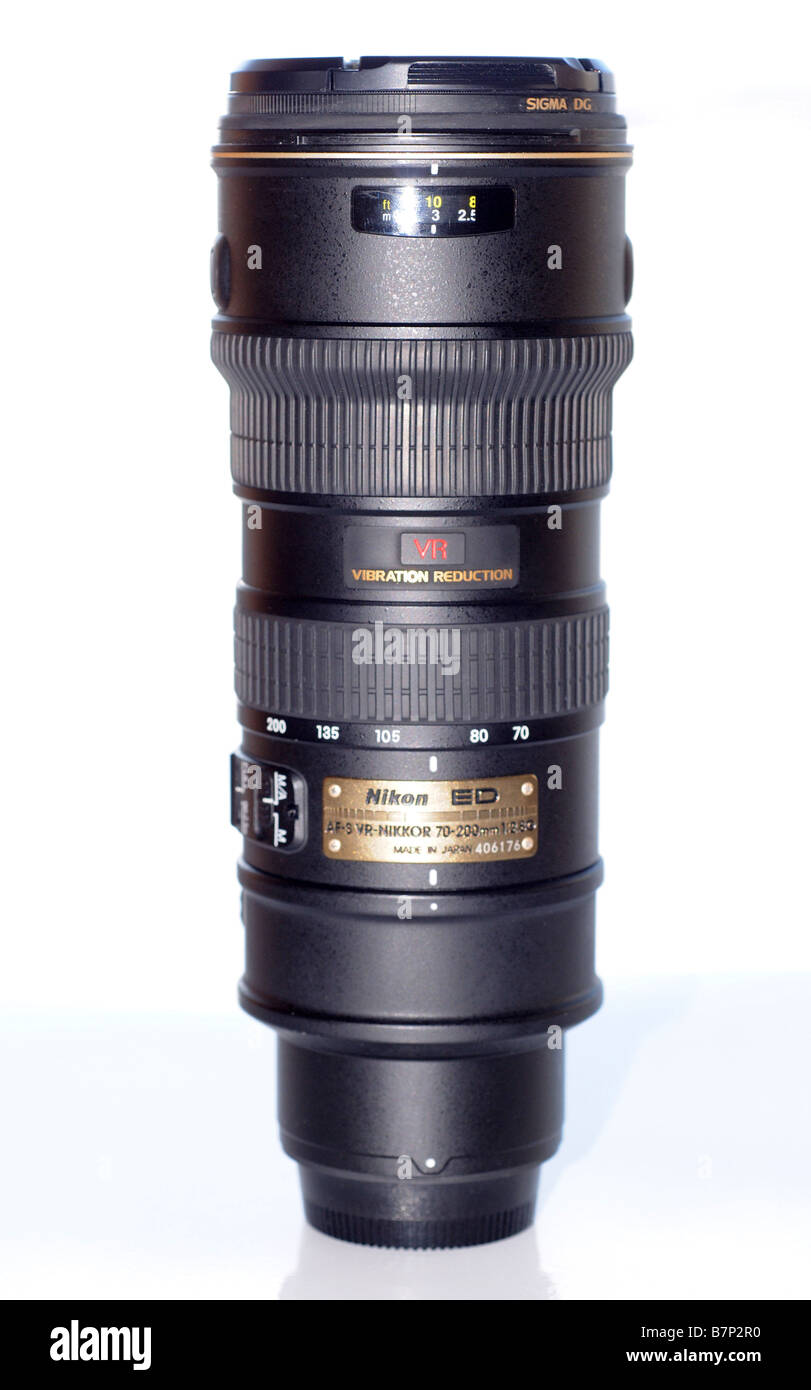 A Nikon lens, 70 200 zoom 2.8 VR Vibration reduction, with a white backdrop and slight shadow