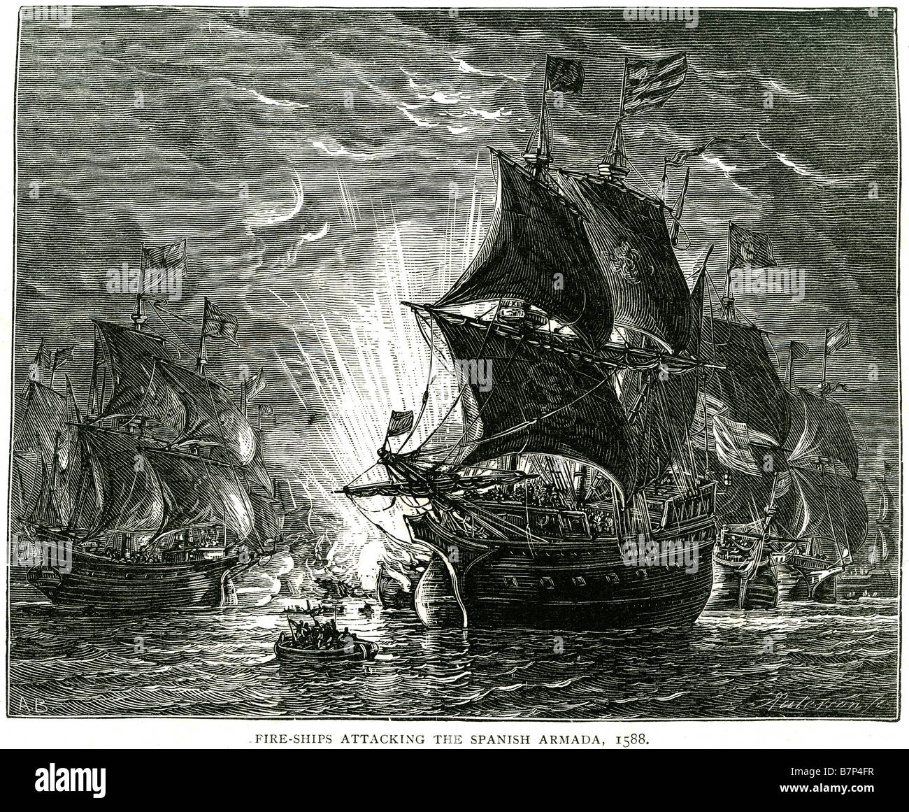 fire ships attacking spanish armada 1588 Battle ship Fleet sea Water Sailing Sail cannon guns blast flags deck mast The Spanish