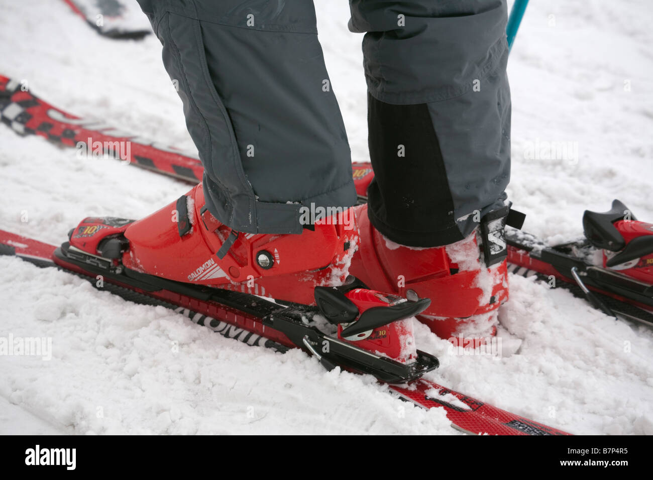 Close up of man wearing a pair of red Salomon ski boots and bindings on a pair of skis. Europe Stock Photo
