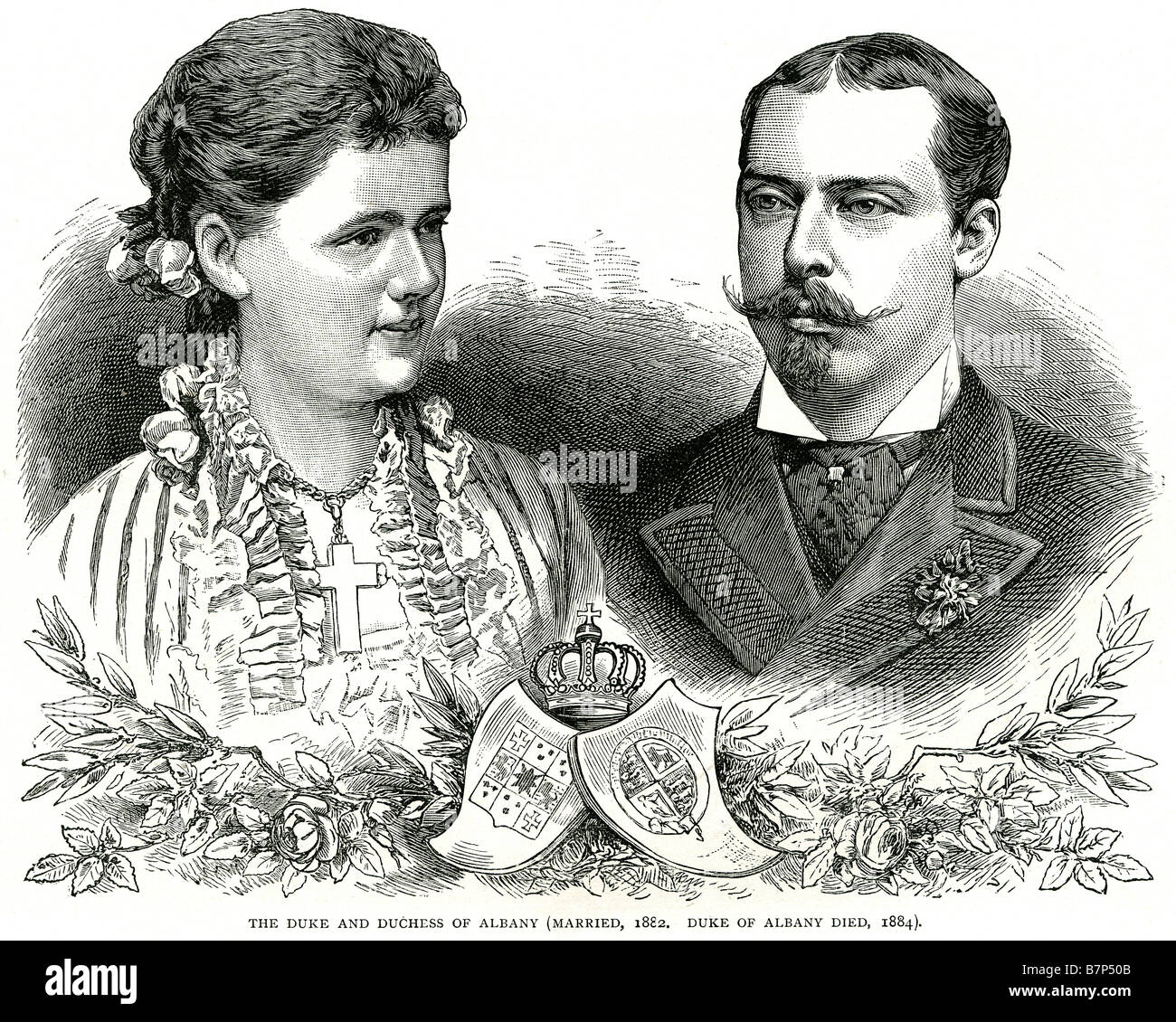 duke duchess albany married 1882 duke albany died 1884 coat arms shield crown cross man woman traditional clothing Stock Photo