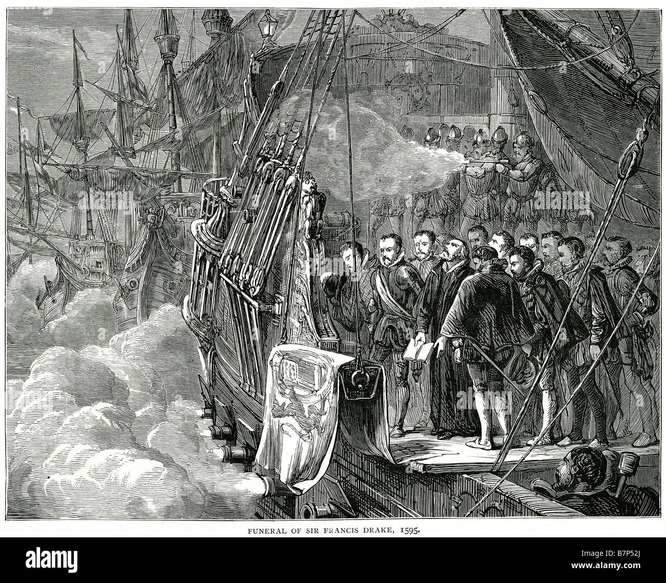 funeral sir francis drake 1595 sailing ship cannon shot fire guns ball destroy smoke powder blast seige dech mast army war Stock Photo
