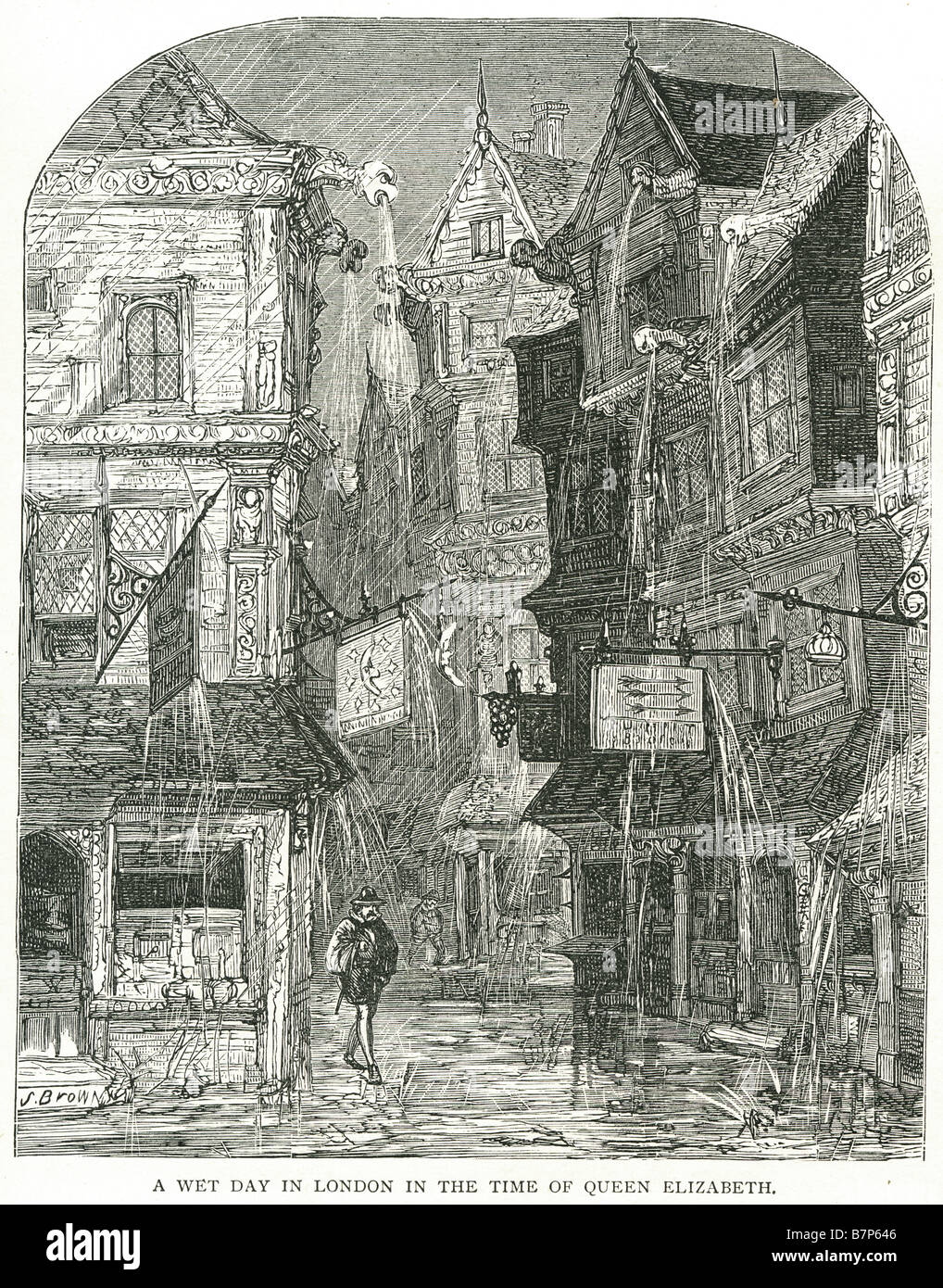 wet day london time queen elizabeth city street old shops home pub man winter outside cobled streets slum house rain weather sho Stock Photo