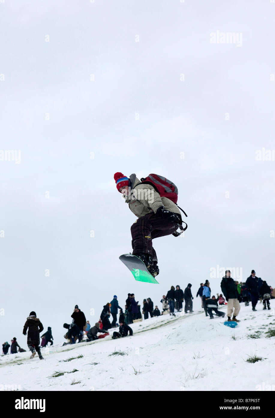 Snowboarder on Primrose Hill London Stock Photo