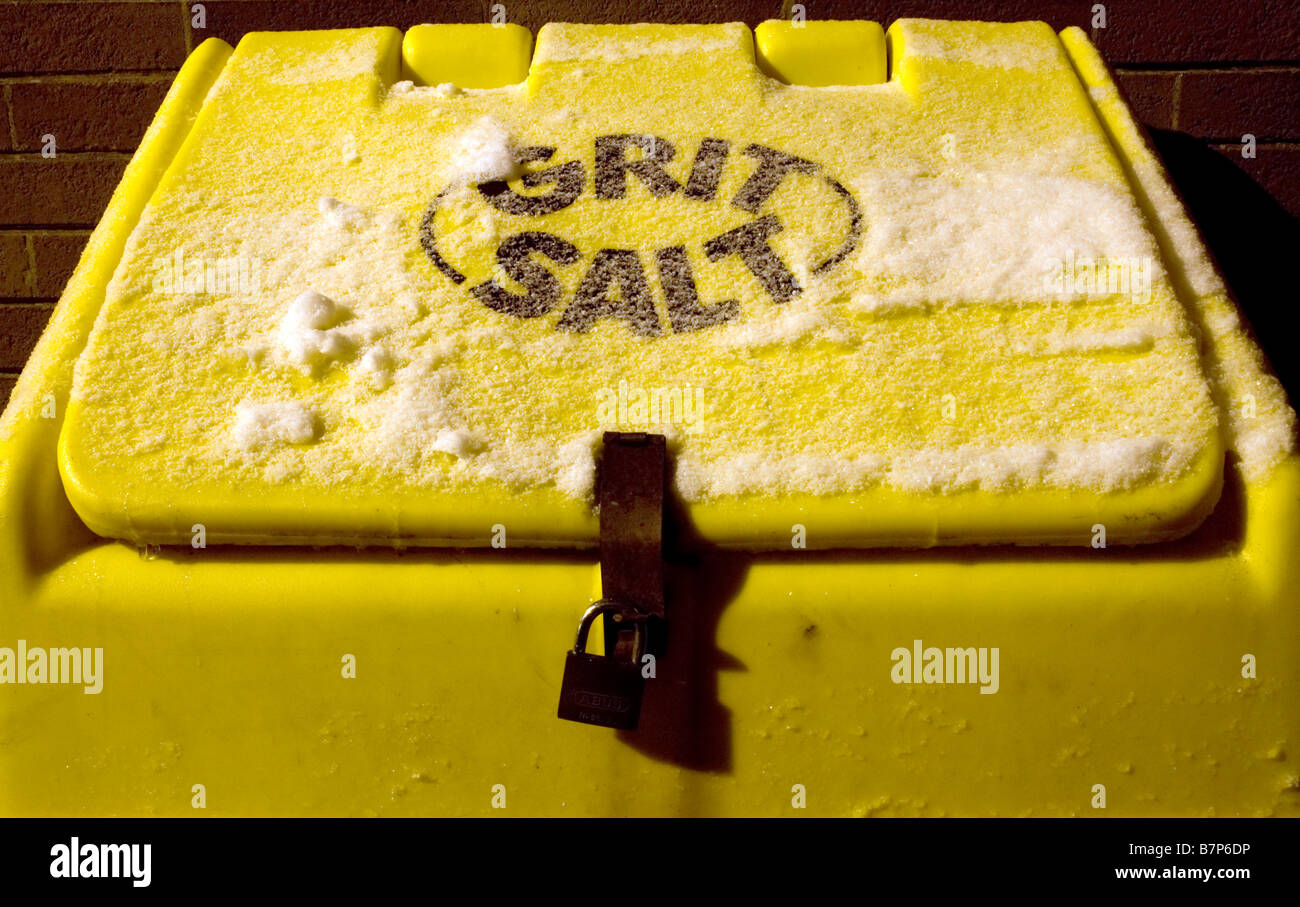 Salt Grit box locked up with snow on top Stock Photo Alamy