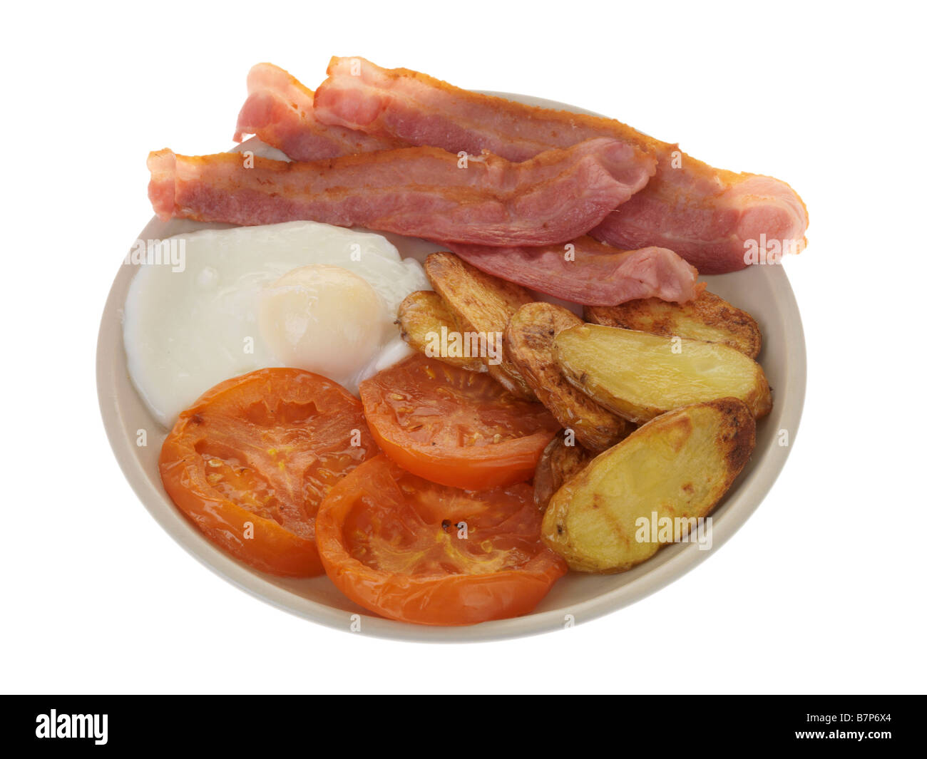 Cooked Breakfast with Streaky Bacon and Poached Egg Stock Photo Alamy