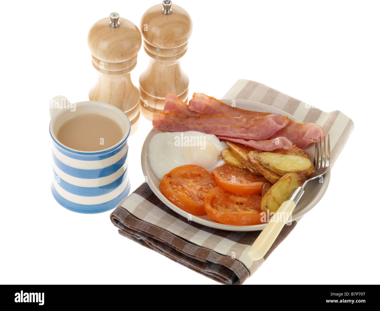 Cooked Breakfast with Streaky Bacon and Poached Egg Stock Photo Alamy