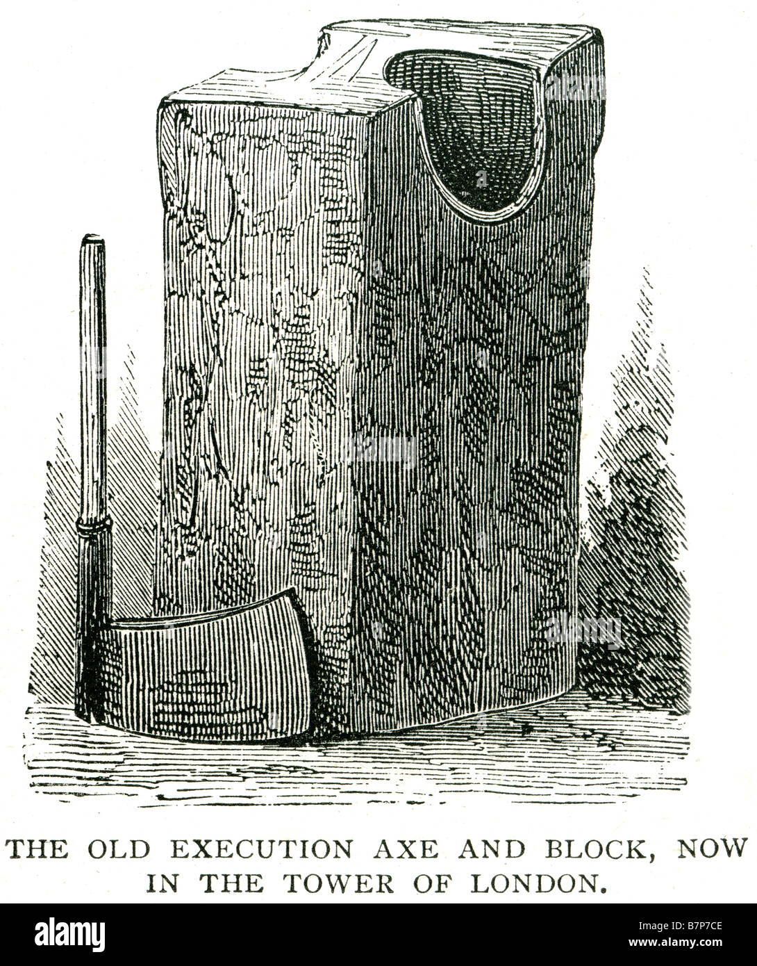 Old execution beheaded cutting executioner decapitation sword knife wire guillotine Axe Block Tower London England UK GB Stock Photo